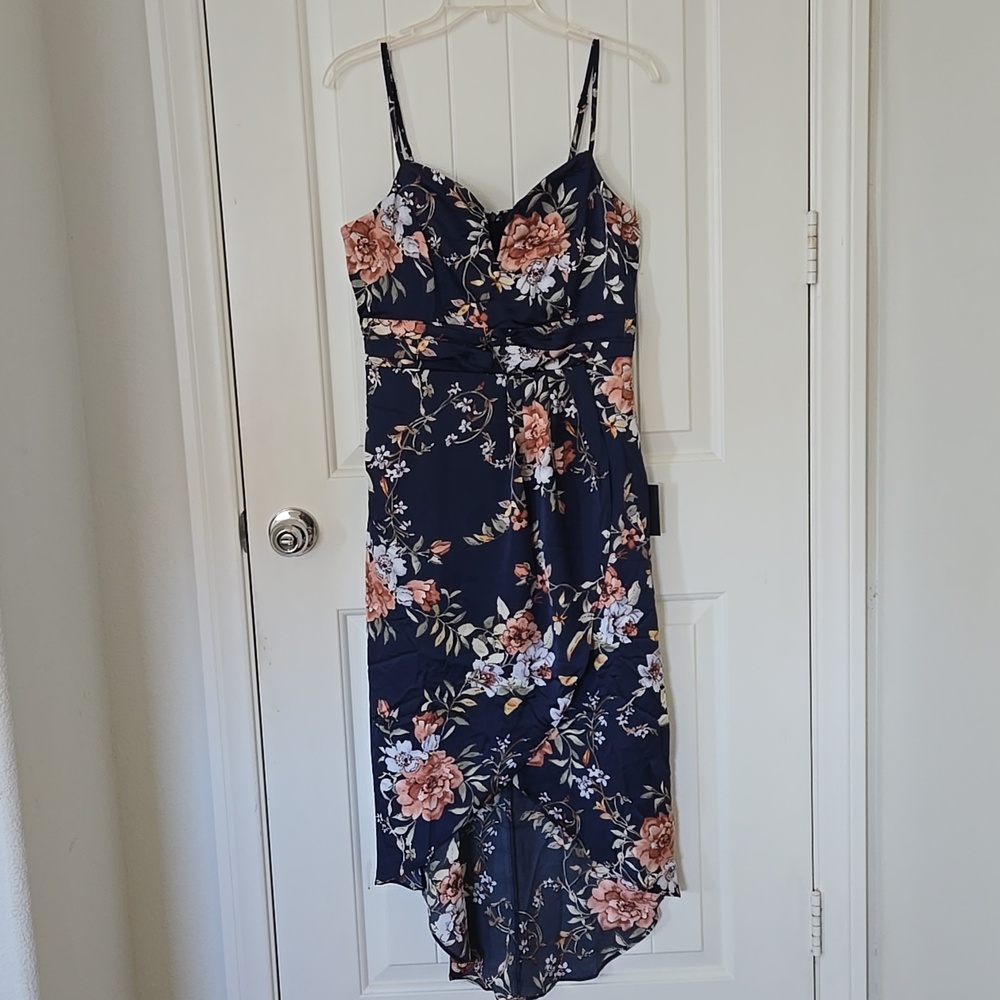 Lulus My Favorite Day Navy Blue Floral Print Satin Tulip Formal Midi Dress NEW - Picture 4 of 10